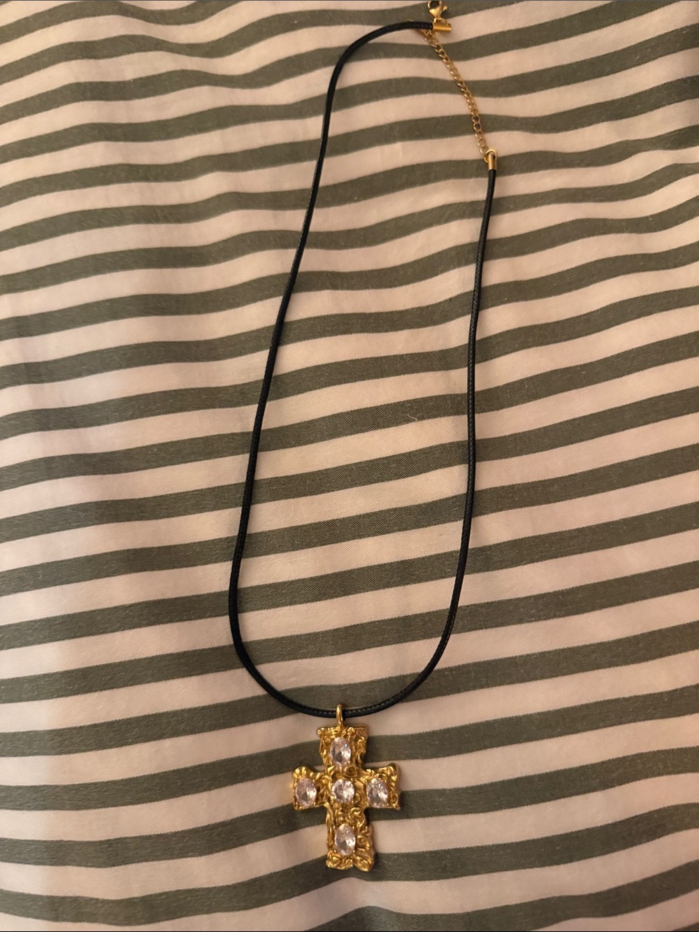 Gold Crystal Cross Pendant Necklace in Black Cord